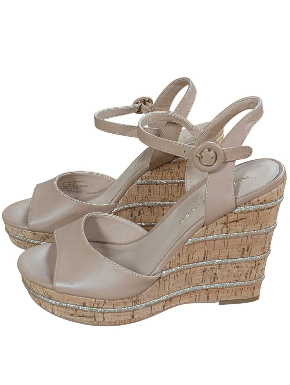 Kurt Geiger Ally Tan Leather Gold Trim Wedge Sandal Size 39